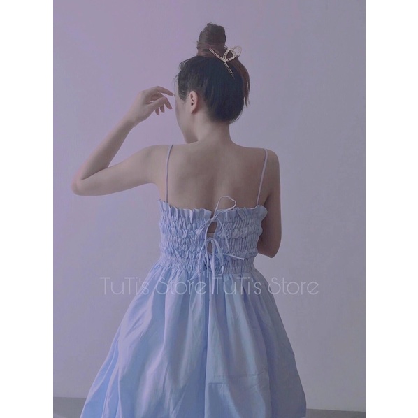 ĐẦM MIDI XANH BO CHUN NGỰC 2 DÂY CỘT