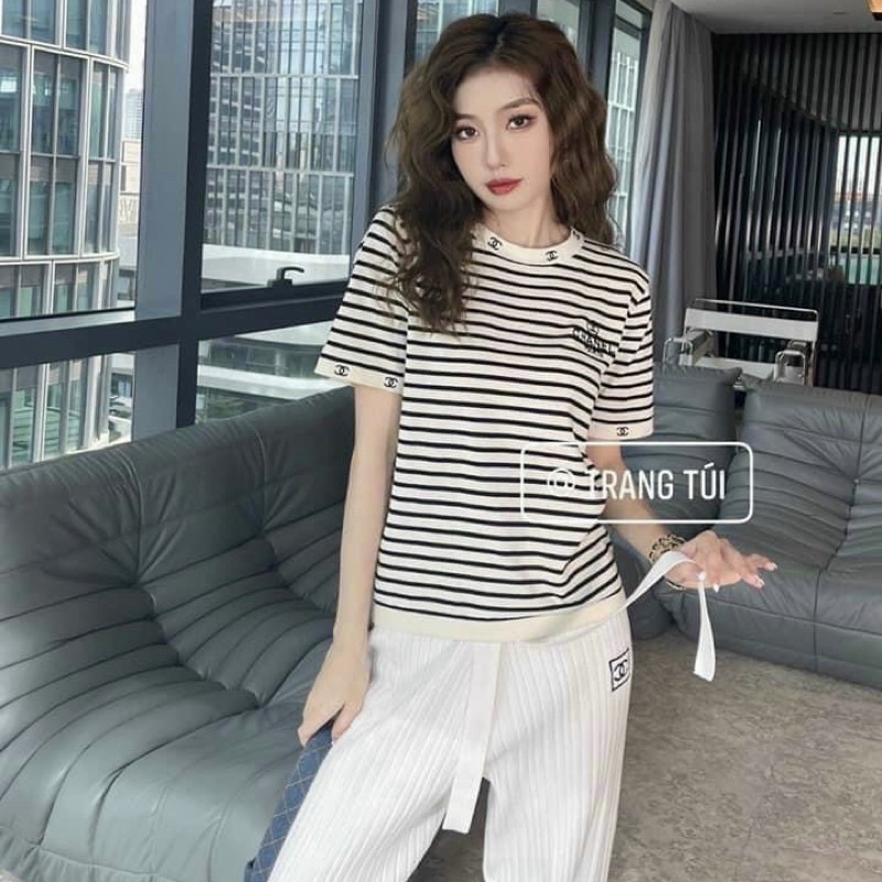 Áo Len Nữ Mongtoghi Kẻ Ngang Thêu Chữ X Thương Hiệu Quảng Châu A034