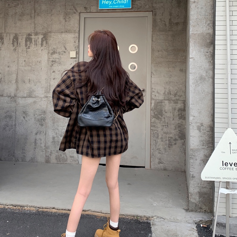 SUXI Áo Sơ Mi Tay Dài Dáng Ôm Sọc Ca Rô Thời Trang Trẻ Trung Cho Nam Nữ