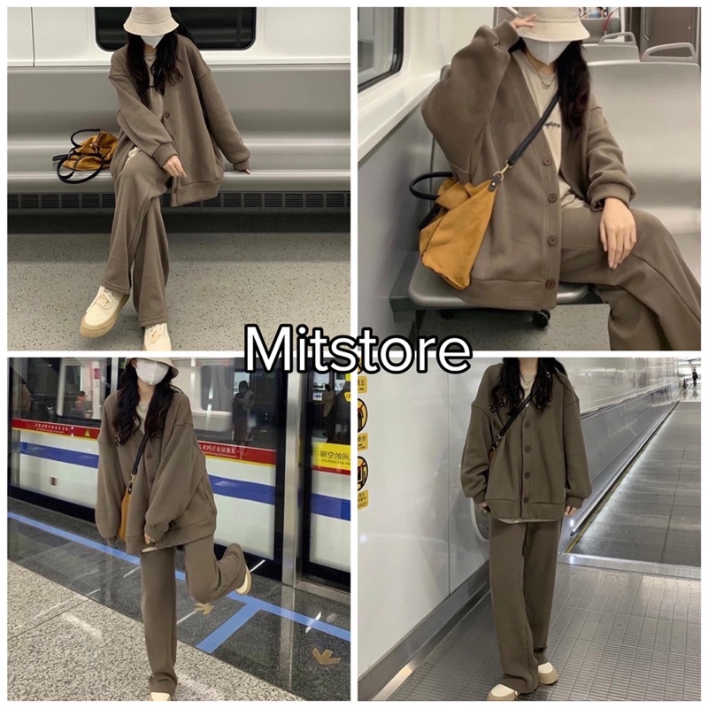 Set quần áo gồm áo cardigan và quần nỉ màu Nâu nhạt