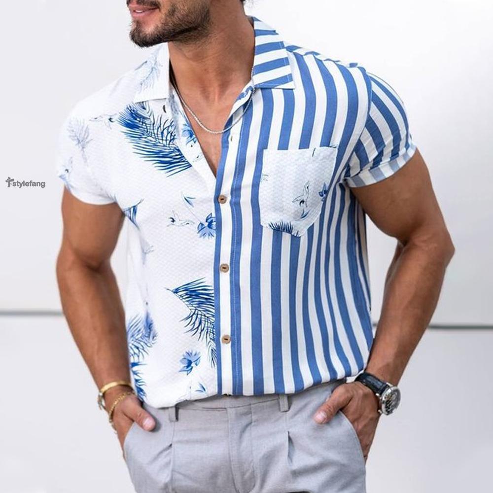 STYLEF-~Men/Mens Button Down Shirt Fitness Short Sleeve Casual Party Hawaiian Tee Top-
