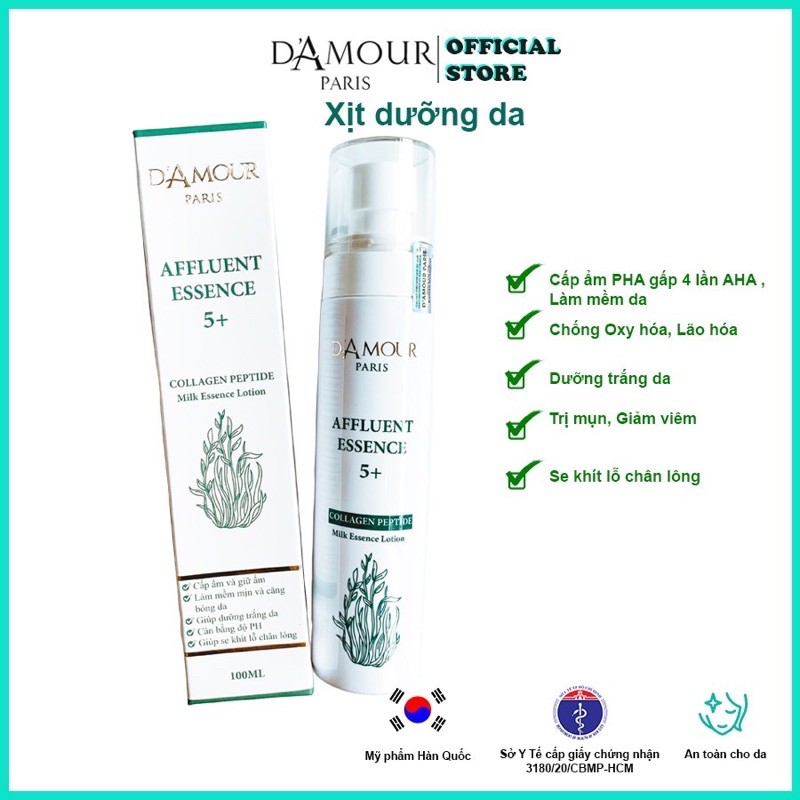 Xịt dưỡng da cấp, giữ ẩm AFFLUENT ESSENCE 5+ (100ml) D'Amour Paris , PHA, AHA...