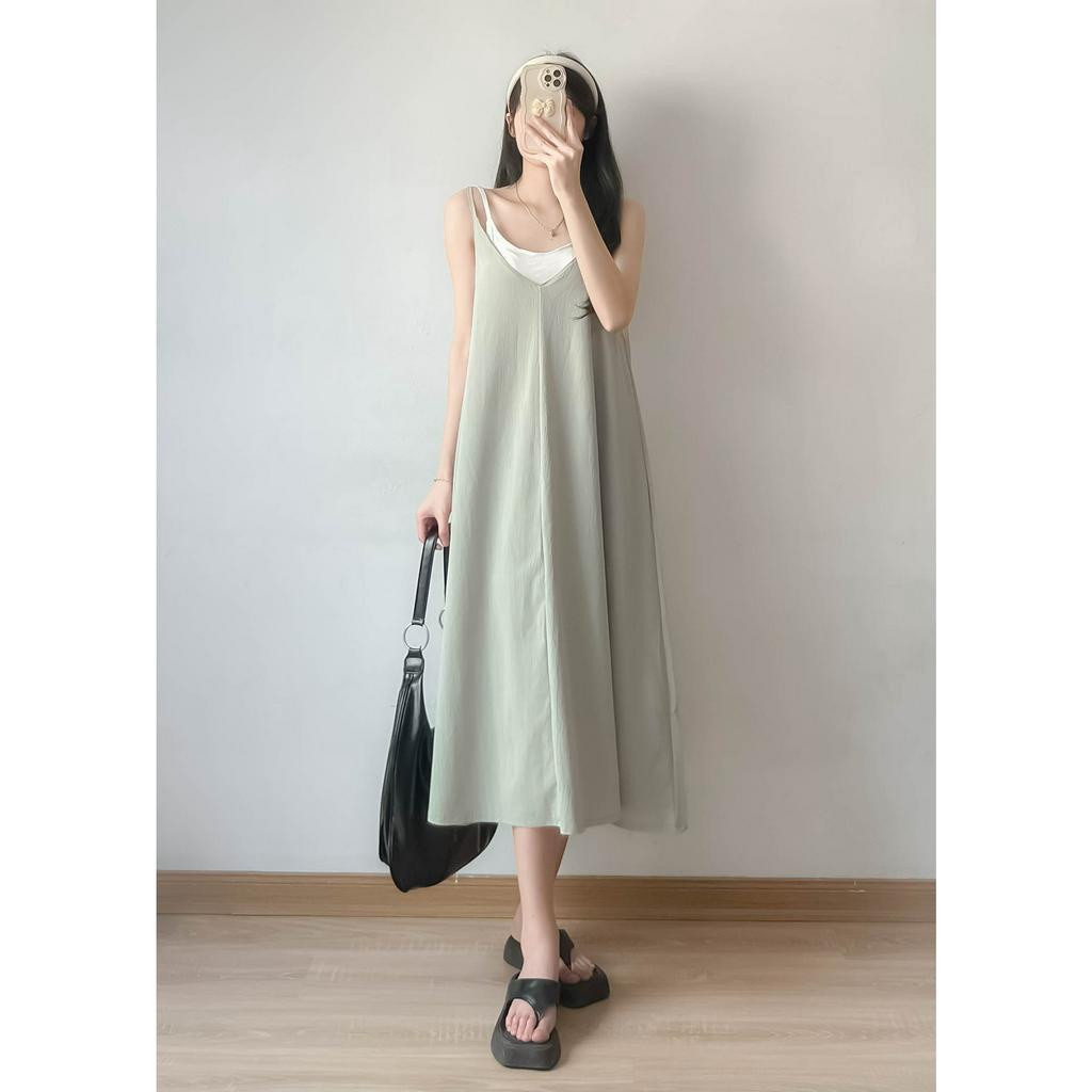Đầm dài 2 dây dáng xoè vintage EMIX, váy 2s maxi phong cách basic, quyến rũ, cổ tim, FREESIZE dưới 57kg chất đũi 8907