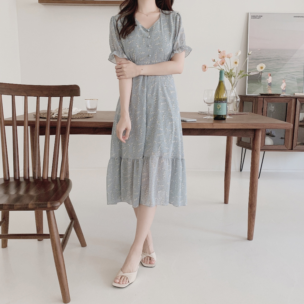 Đầm Tay Ngắn Cổ Chữ V In Hoa Phong Cách Hàn Quốc 43824