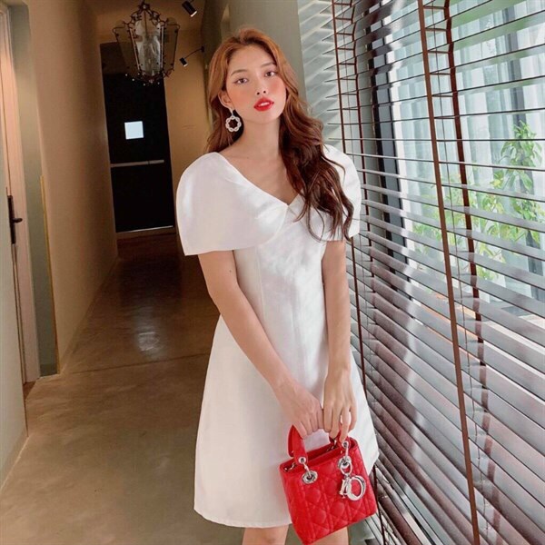 Đầm dự tiệc cưới sang chảnh, đầm tiểu thư hàn quốc thiết kế tinh tế, cổ v cánh sen tôn dáng đẹp