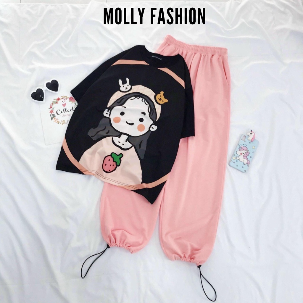 Set đồ bộ quần dài Jogger Trơn Rút GIRL DÂU ❤️ Bộ hoạt hình form rộng Molly Fashion