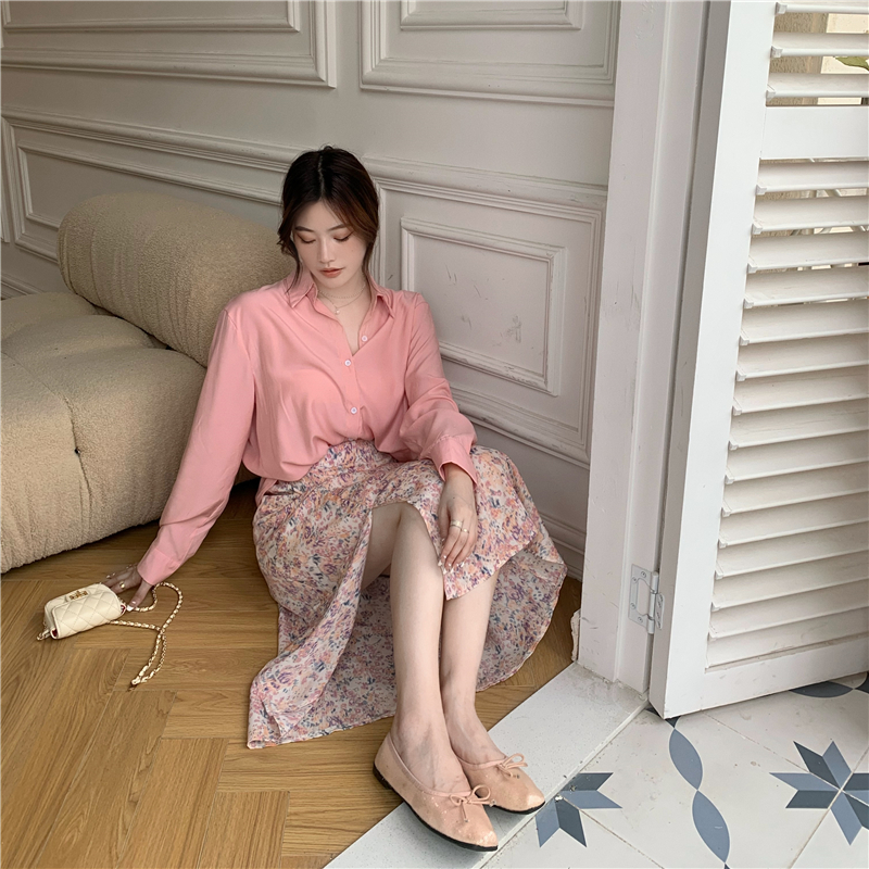 Set Áo Sơ Mi Tay Dài Họa Tiết Hoa + Chân Váy Xẻ Tà Phong Cách Hàn Quốc