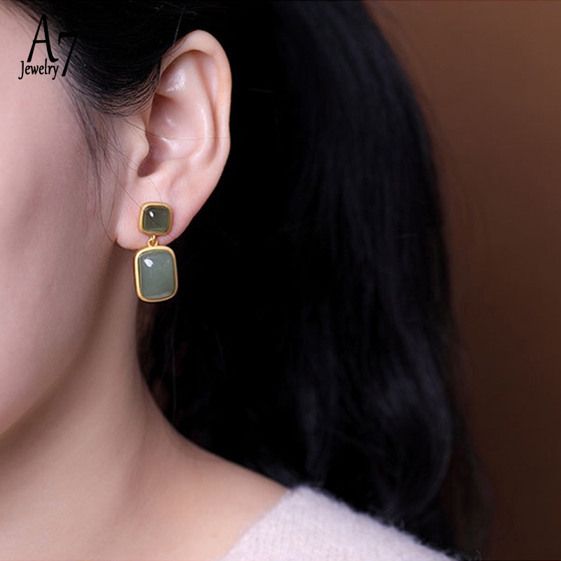 Bông Tai Bạc A7 S925 Đính Đá Ngọc Bích Hình Vuông Thời Trang Cho Nữ