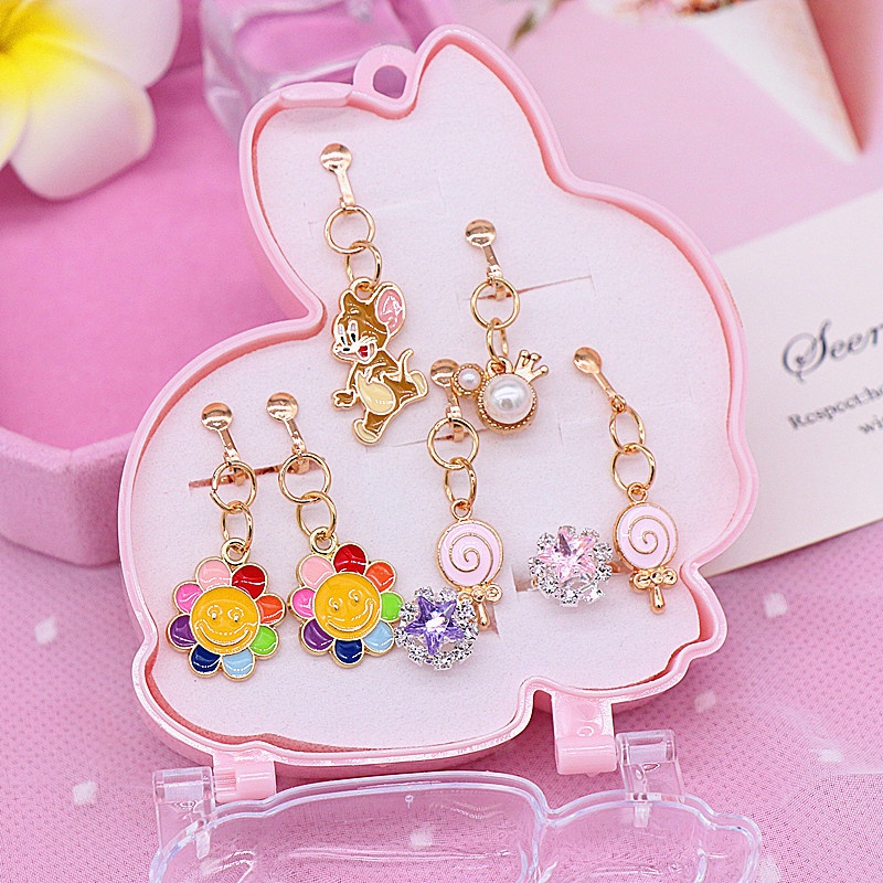 Bộ Khuyên Tai Dạng Kẹp Bằng Hợp Kim Họa Tiết Hoạt Hình Cho Bé Gái