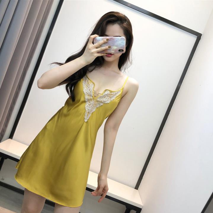 Váy ngủ lụa sexy cổ V phối ren ngực sang trọng có kèm mút ngực (xanh) | BigBuy360 - bigbuy360.vn