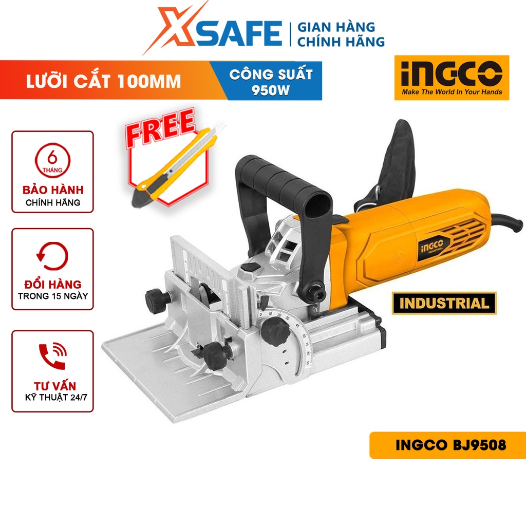 Máy ghép mộng INGCO BJ9508 950W, tốc độ không tải 11000 v/ph, đường kính lưỡi 100mm, kèm 15 miếng ghép