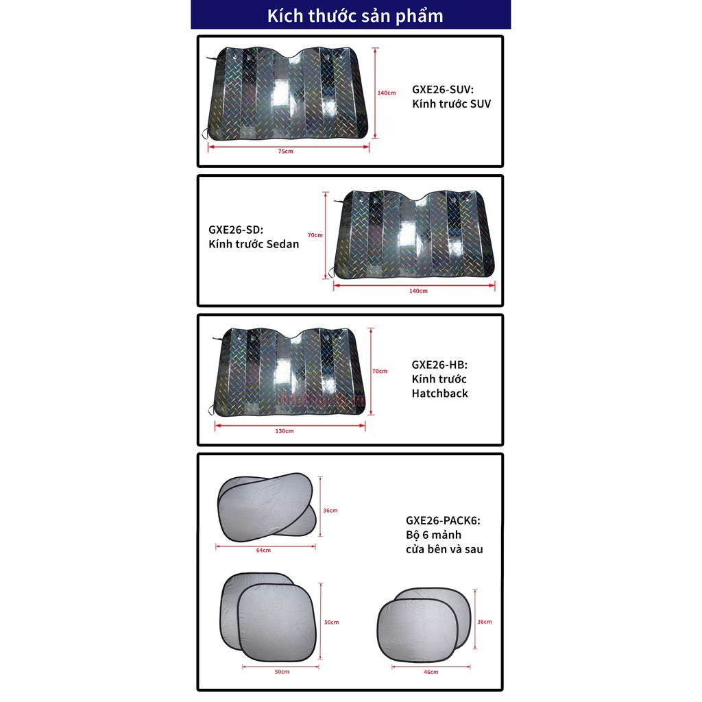 Tấm chắn nắng cách nhiệt tráng bạc cho xe ô tô GXE26 (Đủ phiên bản kính trước, sau, cửa bên)