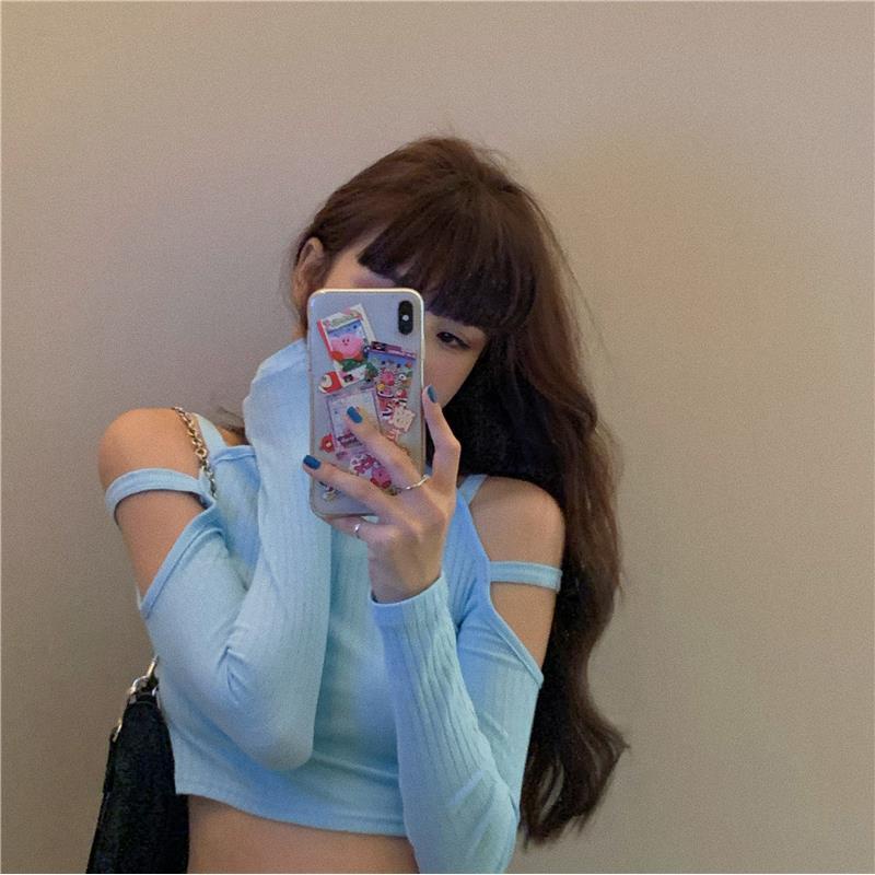 Áo croptop siêu ngắn hở vai cạp cao phối nút dài tay thời trang Hàn Quốc dành cho nữ
