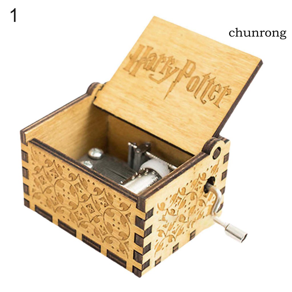 CR+Antique Vintage Engraved Mini Wooden Hand Crank Music Box Kids Birthday Gift