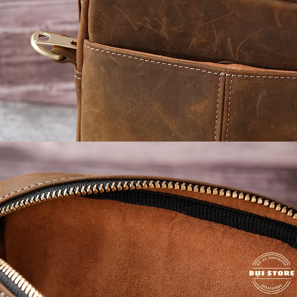 Túi đeo chéo da bò sáp nguyên miếng, Túi bao tử nam da bò thật Handmade khâu tay BH da 10 năm - Bụi Store