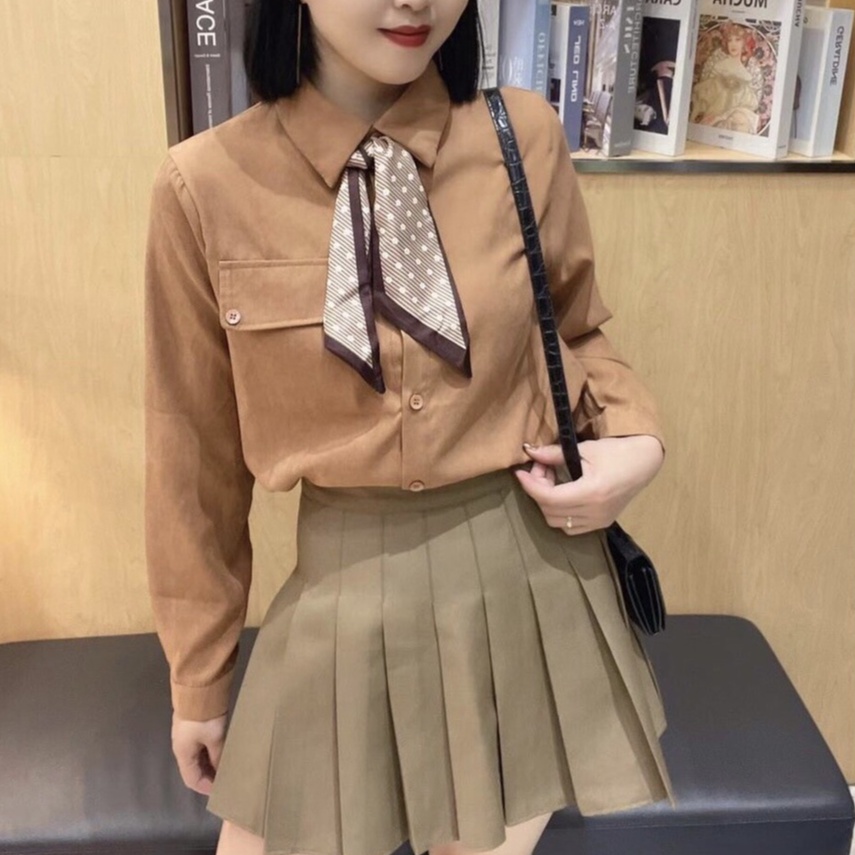 Sơ mi nhung cổ nơ kèm nơ cài chấm bi Daisy