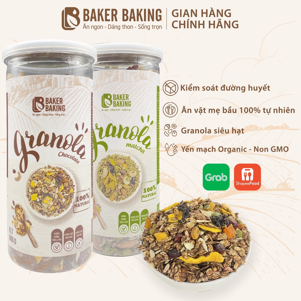 Combo hai hũ ngũ cốc ăn kiêng Baker Baking Granola không đường hỗ trợ giảm cân dành cho người ăn kiêng, tiểu đường 500g