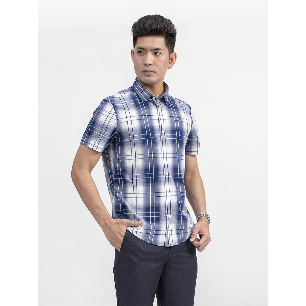 Áo Sơ Mi Nam Tay Ngắn Aristino ASS004S9 Màu Xanh Caro Trắng Dáng Slim Fit Vải Sợi Sồi