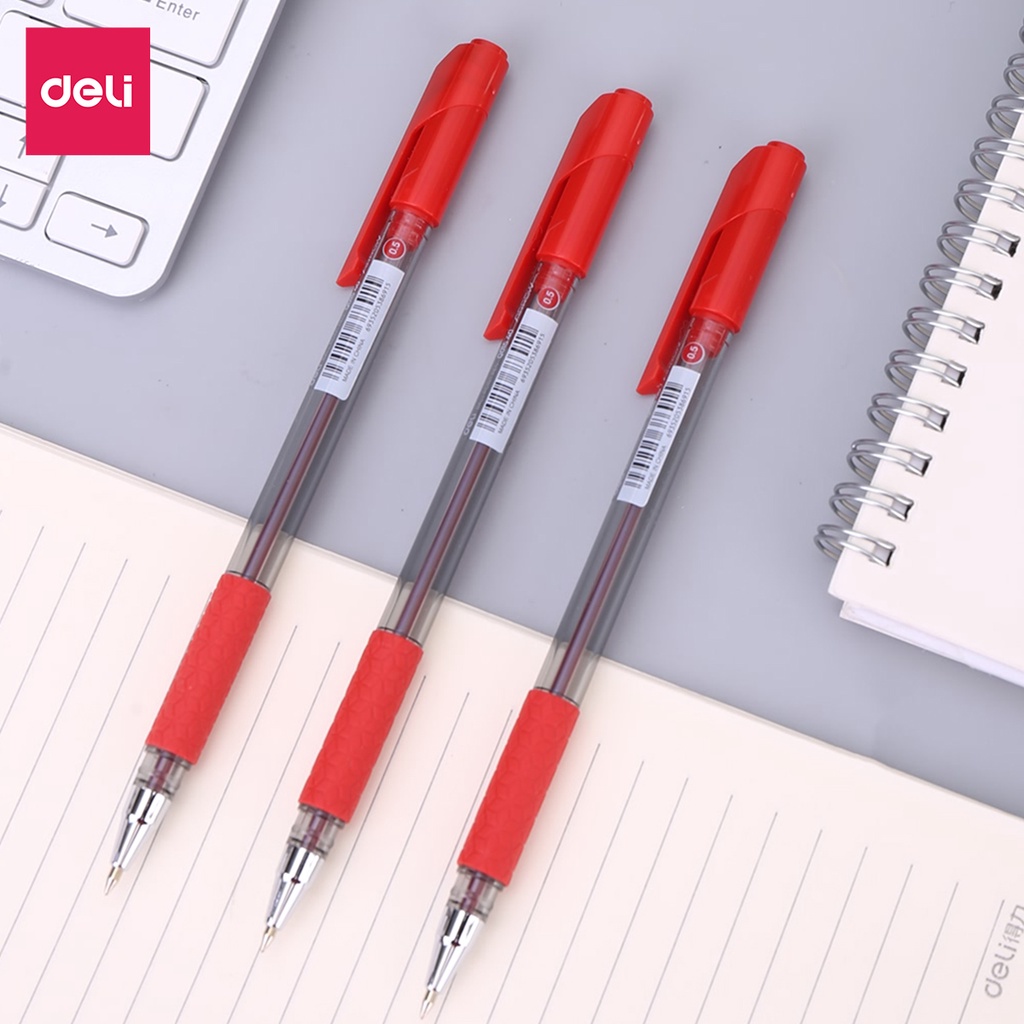 Bút bi nắp đậy ngòi 0.7mm 1mm Deli mực xanh đen đỏ nét viết đều đệm tay cao su chất lượng cao phù hợp học sinh văn phòng