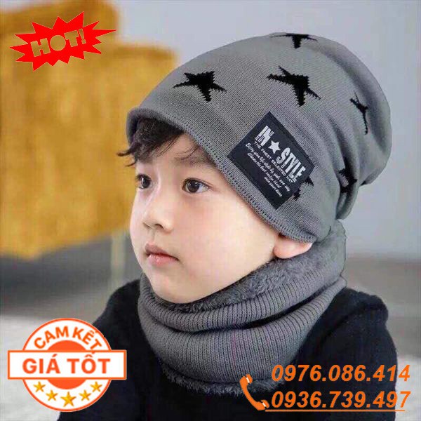 Set Mũ len kèm khăn hình sao lót lông cho trẻ