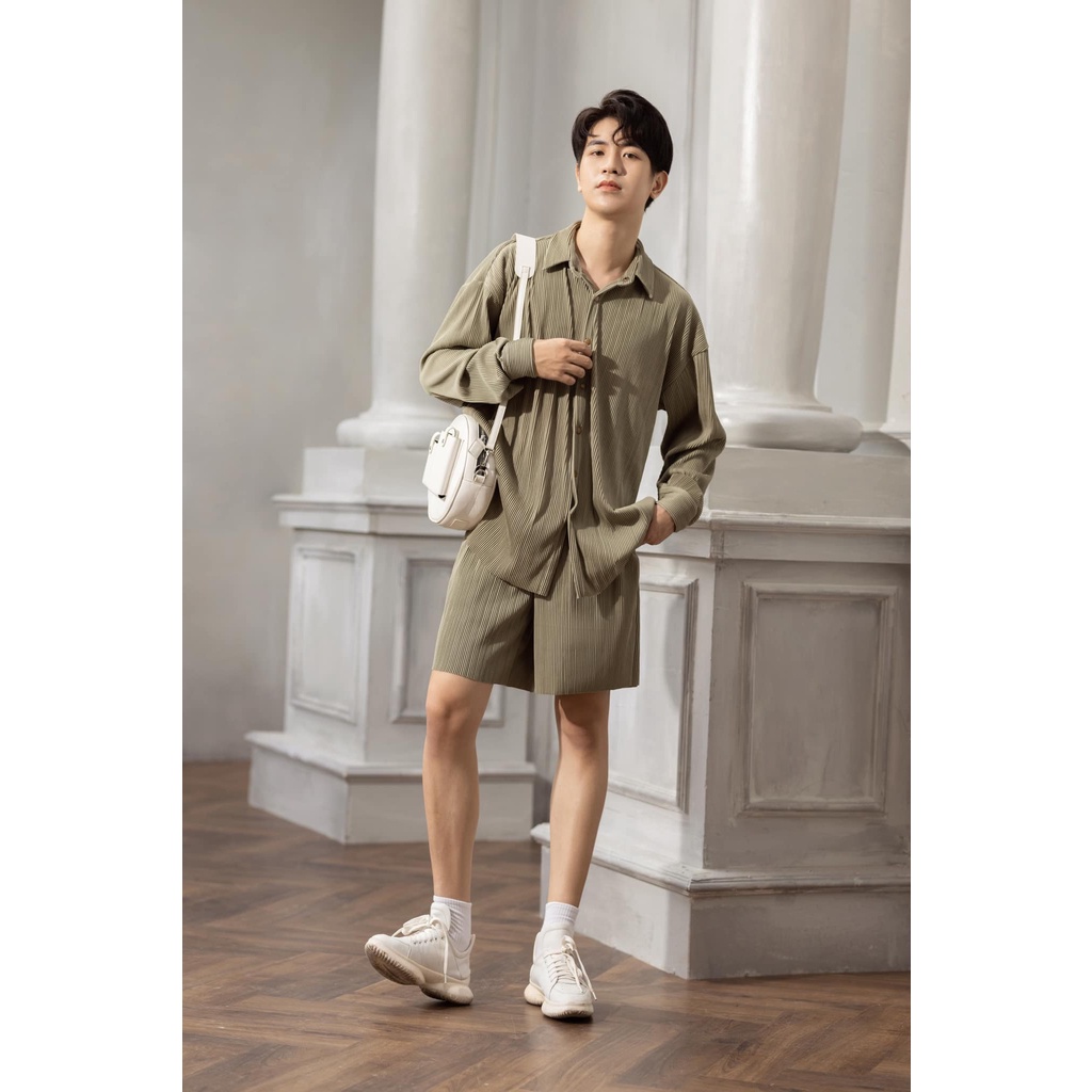 Set đồ bộ thun tăm nam CHOU IN HANOI Set đồ bộ nam áo dài tay form rộng quần short nhiều màu.