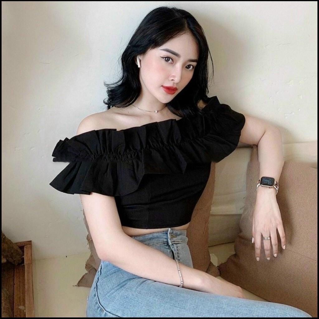 Áo trễ vai Fmstyle shop phối bèo màu sắc trendy, Áo trễ vai croptop tiểu thư dễ thương 204140058