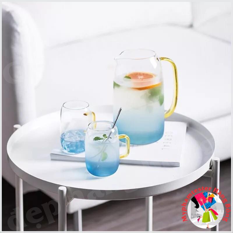 Bộ bình nước 6 cốc xanh dương dáng bầu, hàng đẹp