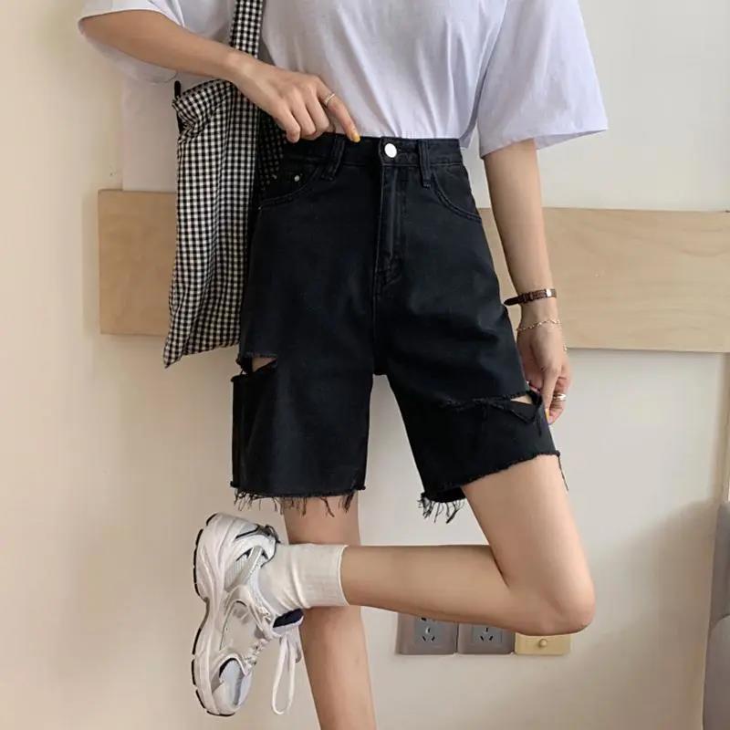Quần Short Denim Rách Màu Đen Lưng Cao Phong Cách Hàn Quốc Cổ Điển Thời Trang Mùa Hè Cho Nữ