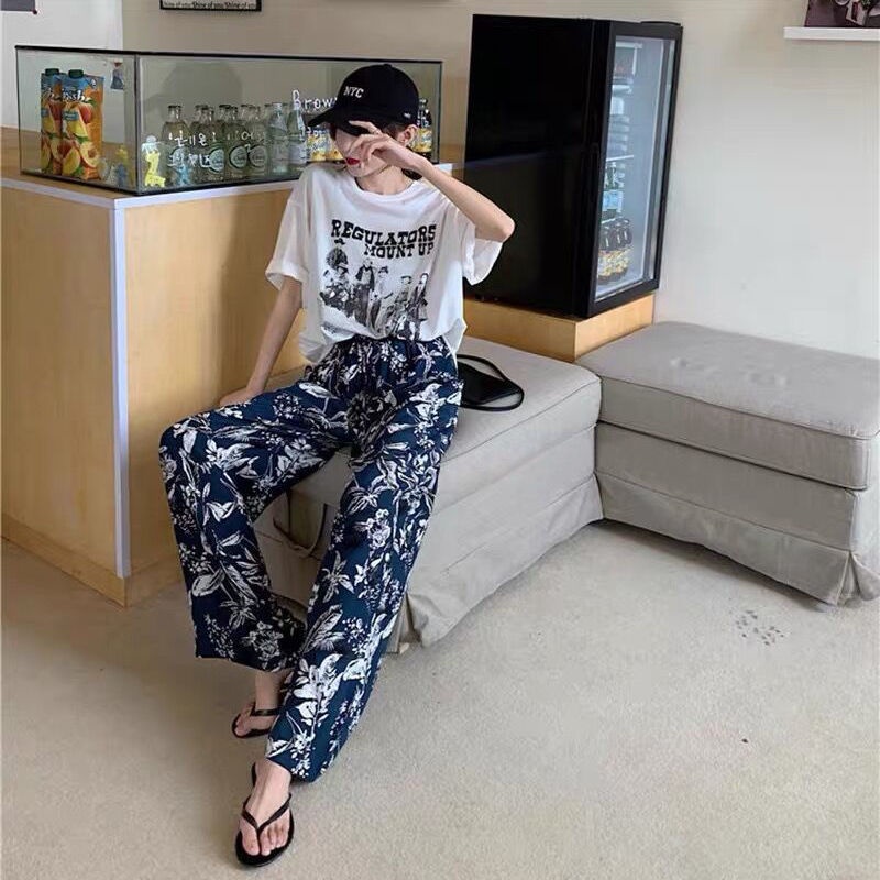 Quần dài lưng cao ống rộng họa tiết hoa thời trang mùa hè mát mẻ thoải mái