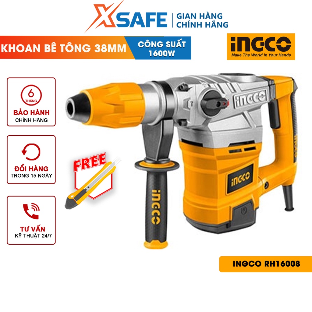 Máy khoan búa dùng pin 3 chức năng 1600W INGCO RH16008 đầu gài sds, tốc độ 550rpm, tốc độ đập 3850bpm, lực đập 8j