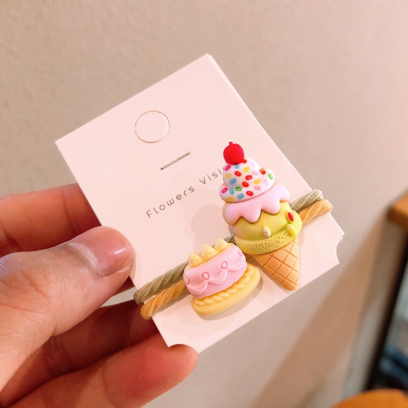 Bộ 2 dây thun cột tóc hình bánh donut / kem hoạt hình xinh xắn cho bé gái