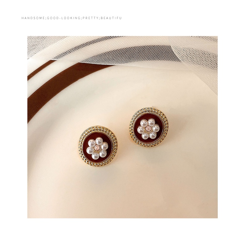 Bông tai hình hoa đính ngọc trai phong cách retro dành cho nữ