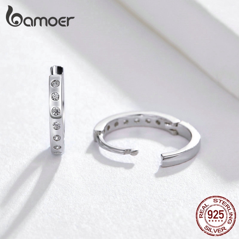 Bông tai dạng vòng BAMOER bạc Sterling 925 thiết kế tối giản phong cách Hàn Quốc hợp thời trang cho nữ