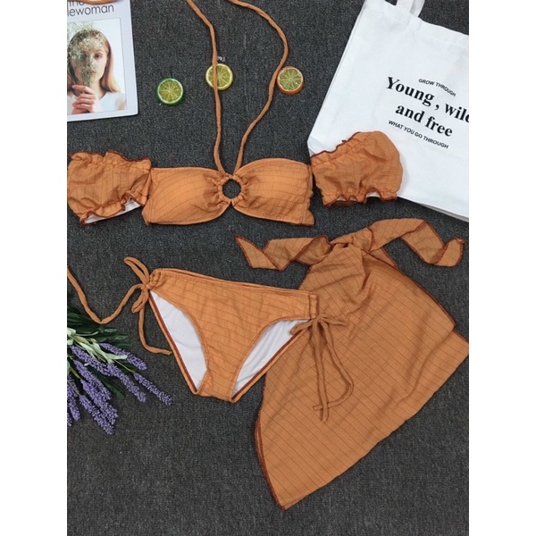 [ CHẤT THUN XỐP+ HÀNG CAO CẤP] Đồ bơi nữ, bikini 3 món phối khoen trễ vai dễ thương