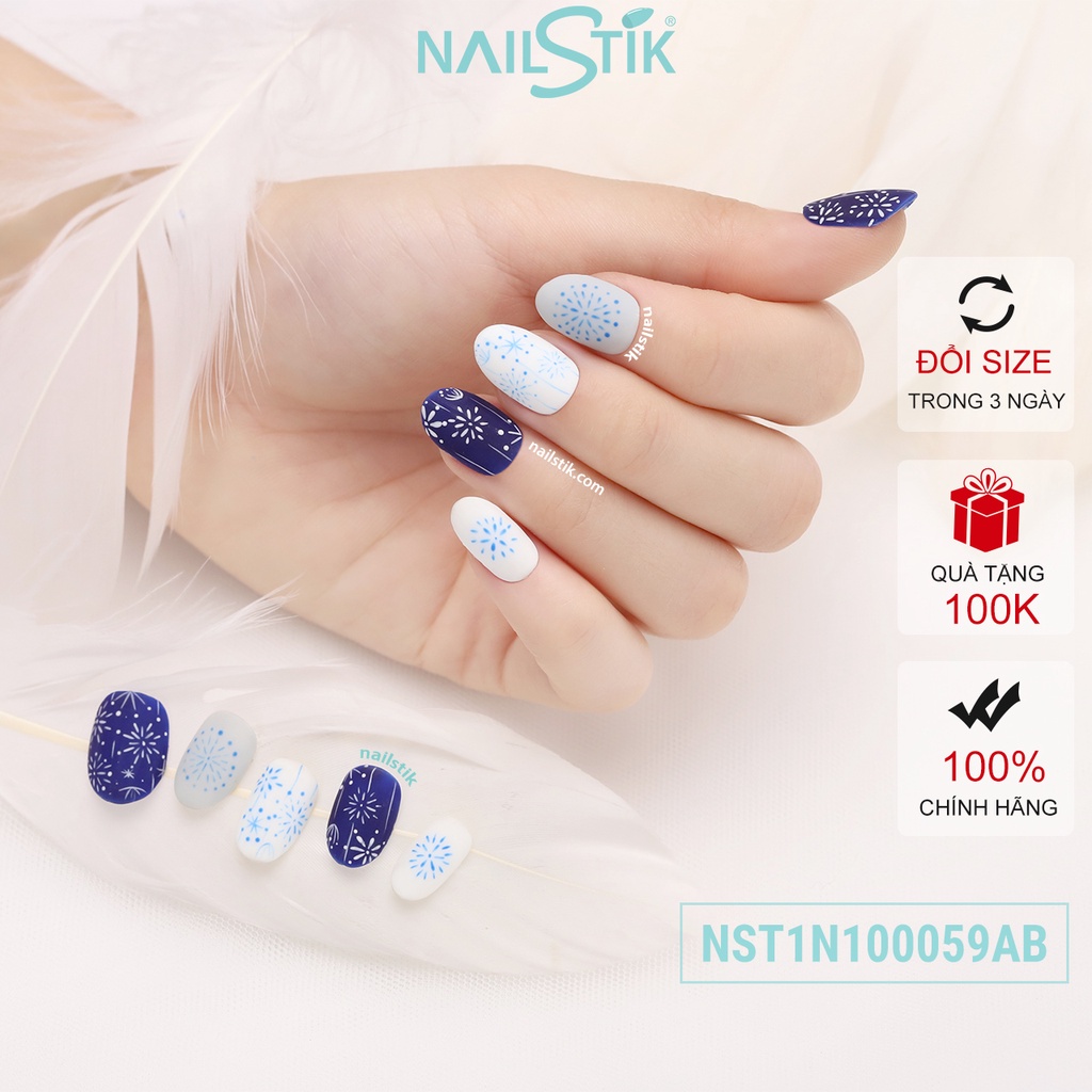 Móng úp thiết kế by NAILSTIK, màu xanh, form móng bầu, ngắn/dài,  059