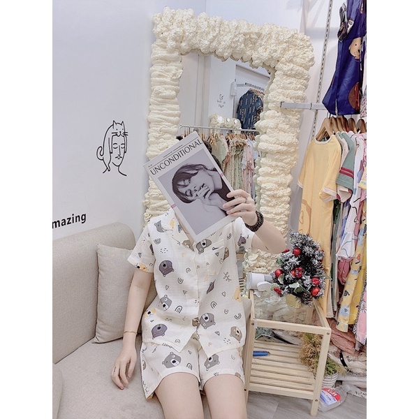 Bộ pijama Xô nhật sợi tre bộ ngủ nữ bộ mặc nhà dễ thương đồ bộ nữ chất siêu mát vải xô sợi tre tay cộc quần cộc