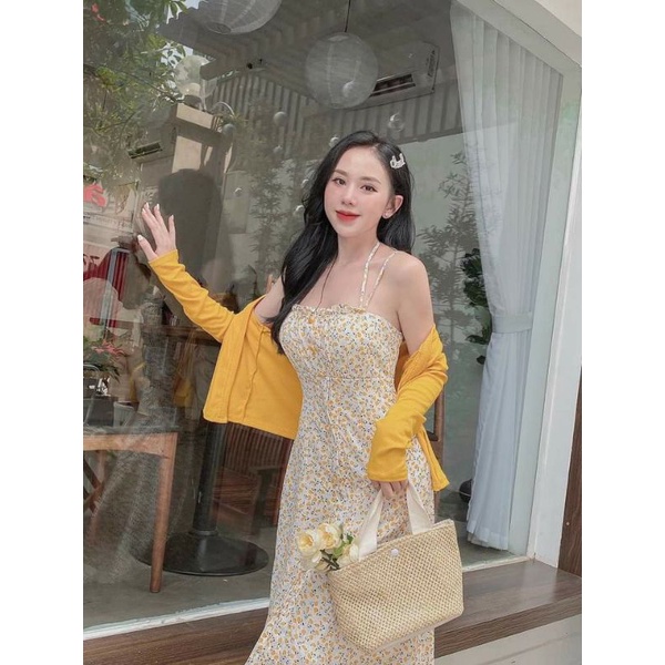 Set đầm hoa nhí vàng kèm áo khoác phong cách ngọt ngào- hàng thiết kế