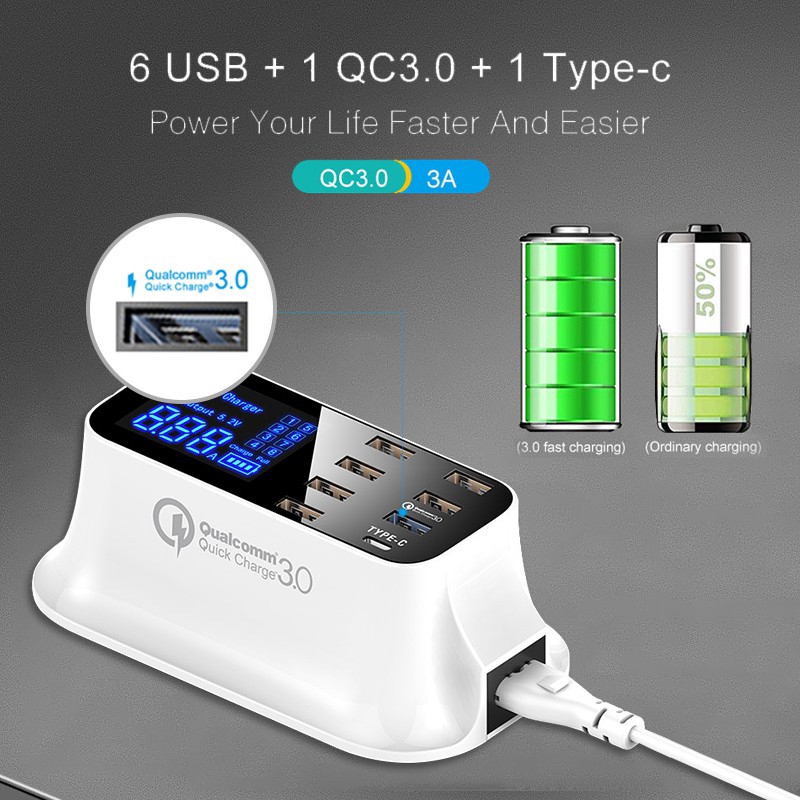 Smart Fast USB Charger 7USB+Type C 8 port QC 3.0 Dock Station LCD Display Socket Dock sạc nhanh 8 cổng chuẩn màn hình hiện đại