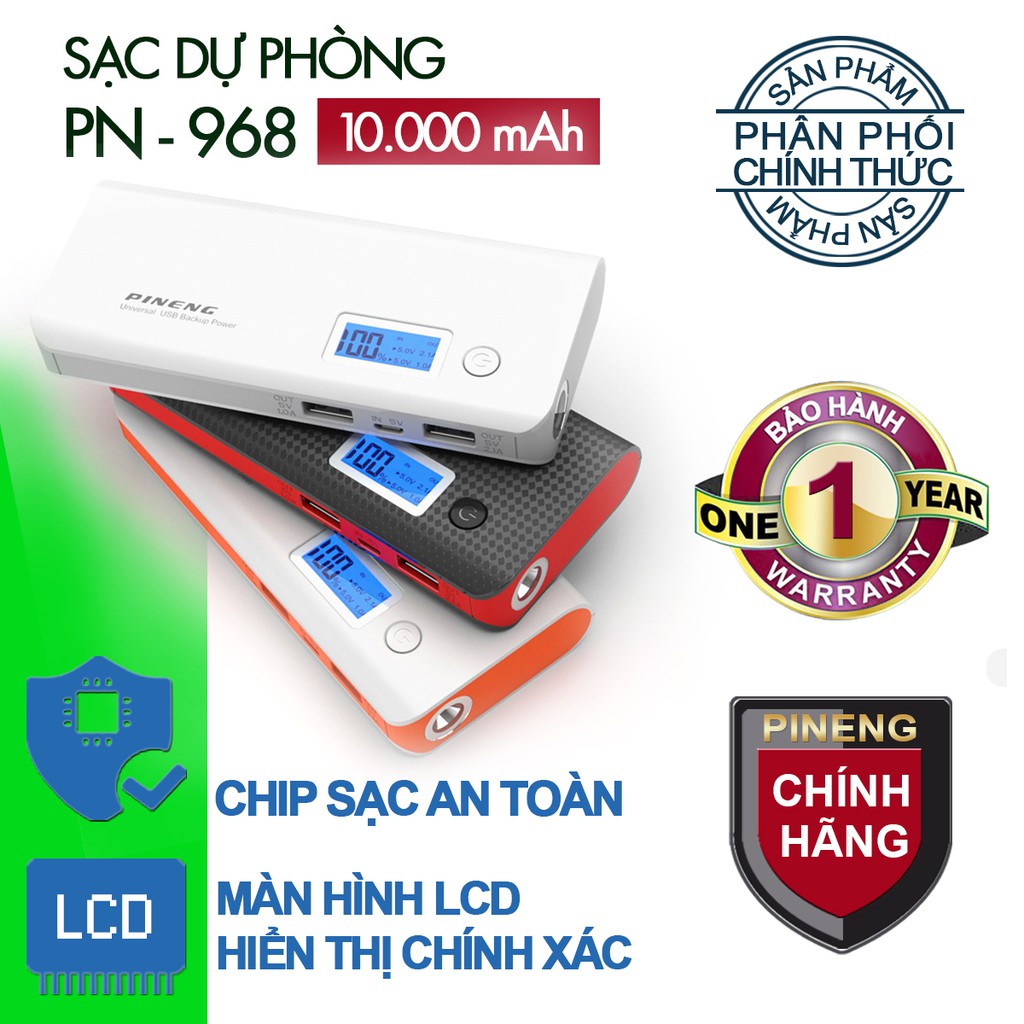 Pin sạc dự phòng PINENG PN-968 10000mAh màn hình LCD - Hãng Phân Phối Chính Thức