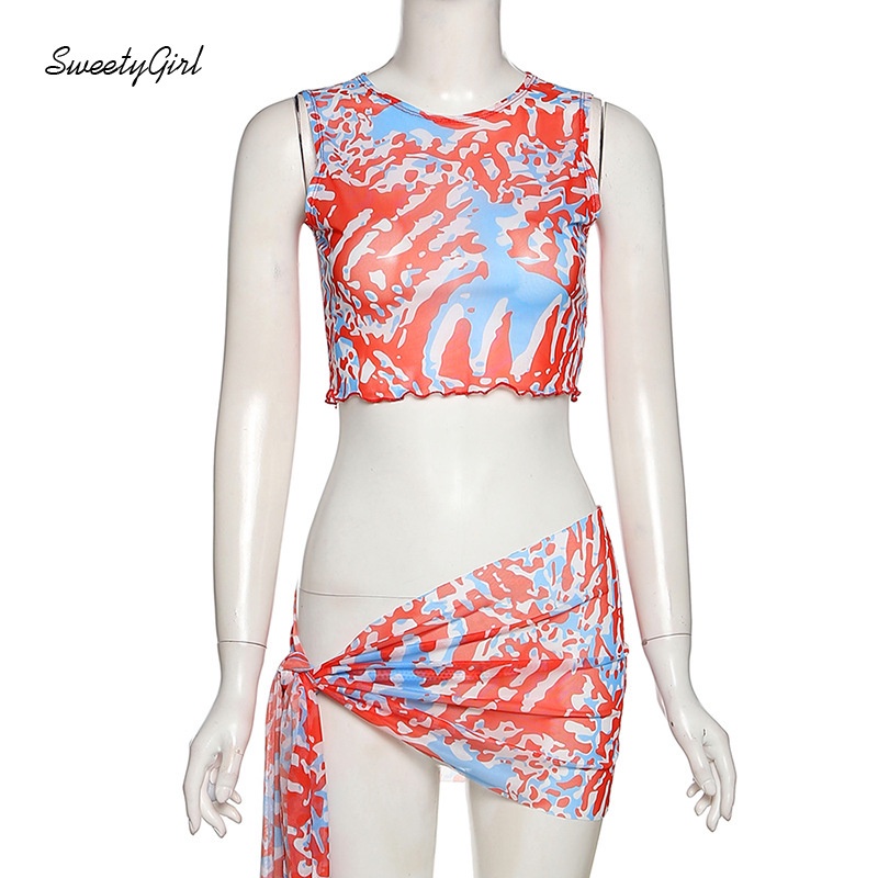 Bộ Áo Thun 2022 In Họa Tiết + Chân Váy Gợi Cảm Cho Nữ