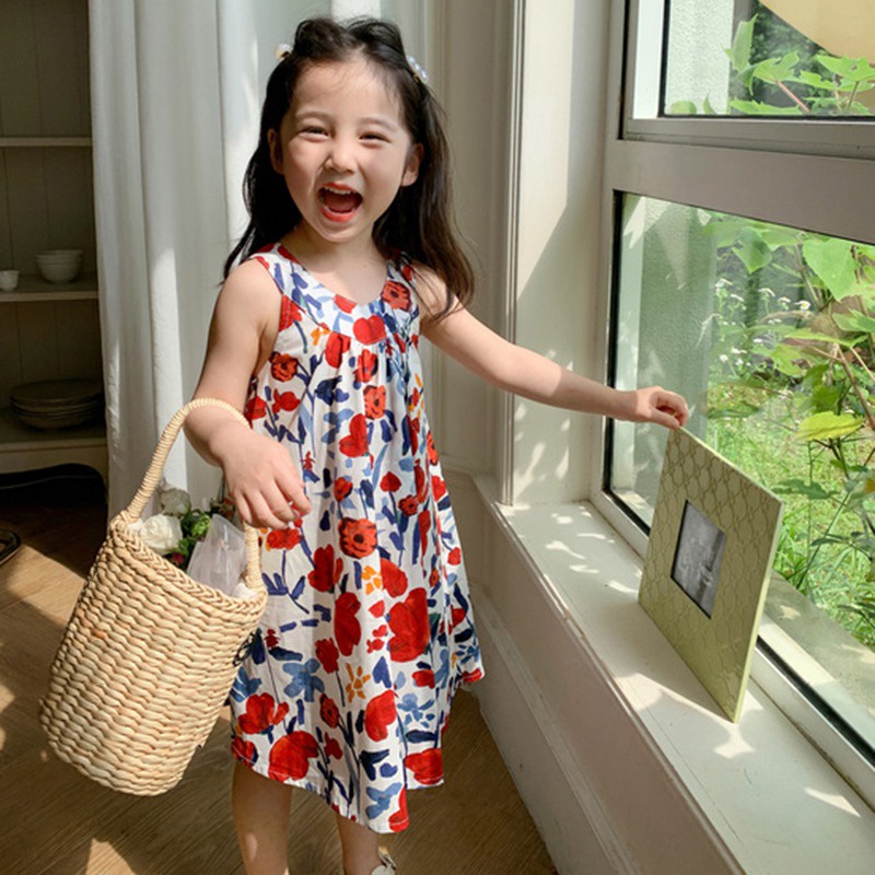 Se7en Đầm Công Chúa Mùa Hè Hai Dây Eo Phồng In Họa Tiết Hoa Phong Cách Hàn Quốc Cho Bé Gái