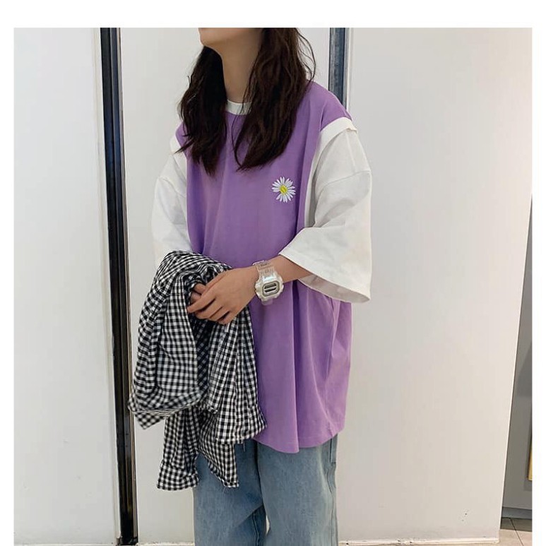 (Giá Gốc) ÁO KIỂU RAGLAN THÊU HOA CÚC TÍM ĐEN CAM UNISEX - ÁO GILE PHỐI HOA CÚC TAY TRẮNG FORM TO -👗TTshop👑