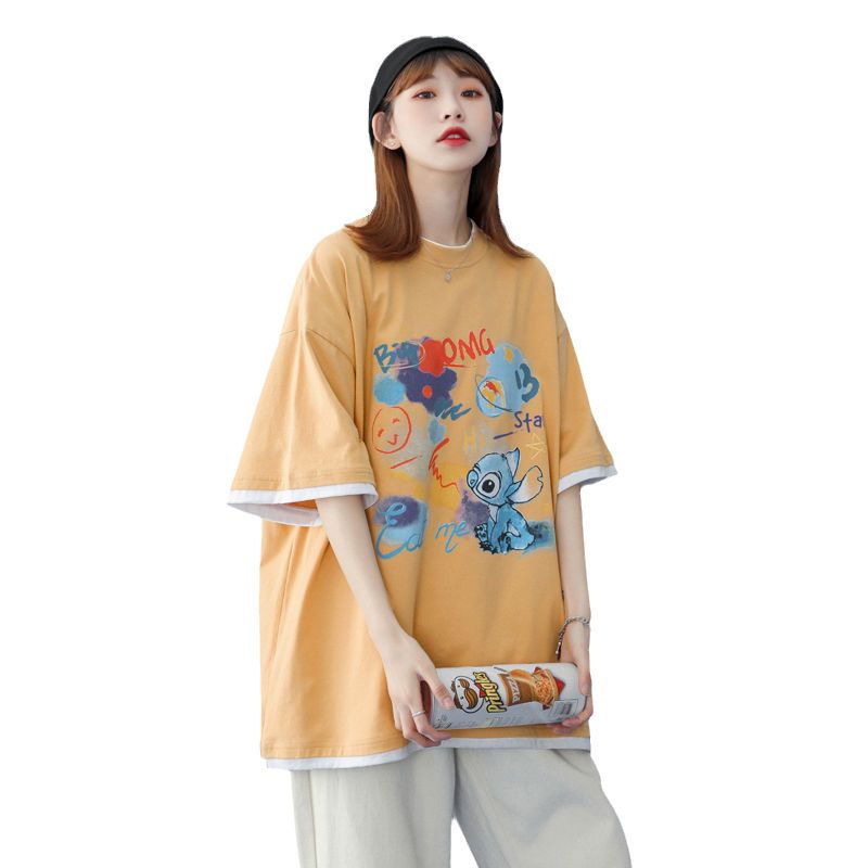 AMOI Áo Thun Ngắn Tay Cổ Tròn Giả Hai Lớp Thời Trang Cho Nữ