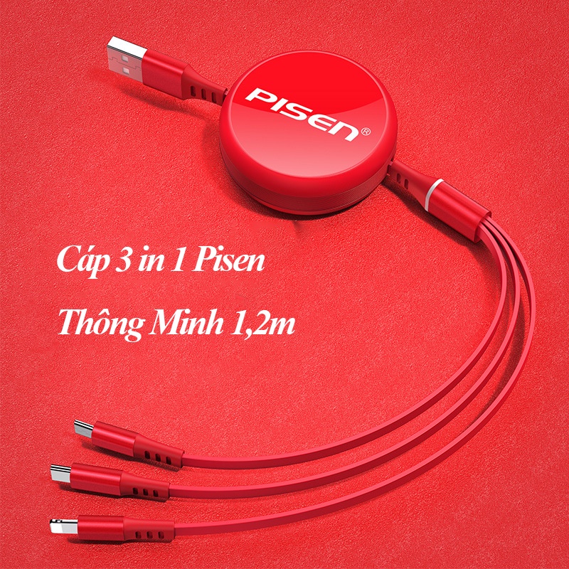 Dây Cáp Sạc 3 Đầu Pisen 3 in 1 Sạc Nhanh 3A Thiết Kế Sang Trọng Thông Minh 88Mobile