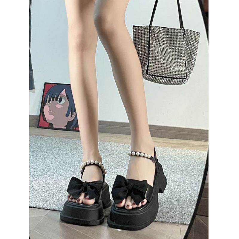 Giày Sandal Đế Dày Quai Nơ Đính Ngọc Trai Thời Trang Dành Cho Nữ