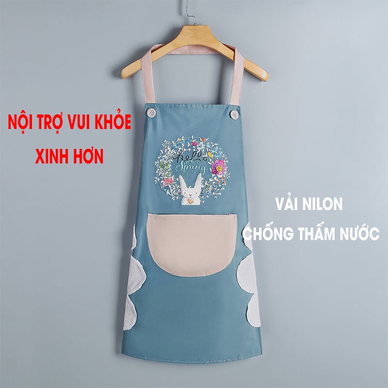 Tạp dề hoa thỏ không thấm nước lau tay 2 bên, túi đựng phía trước tiện lợi dễ lau sạch