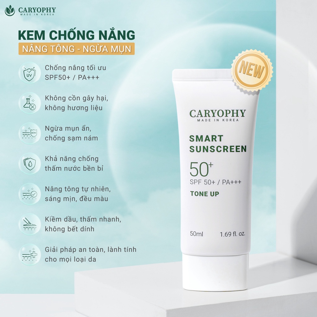 Kem chống nắng Caryophy cho da dầu mụn hàn quốc 3in1 smart sunscreen tone up spf50 50ml