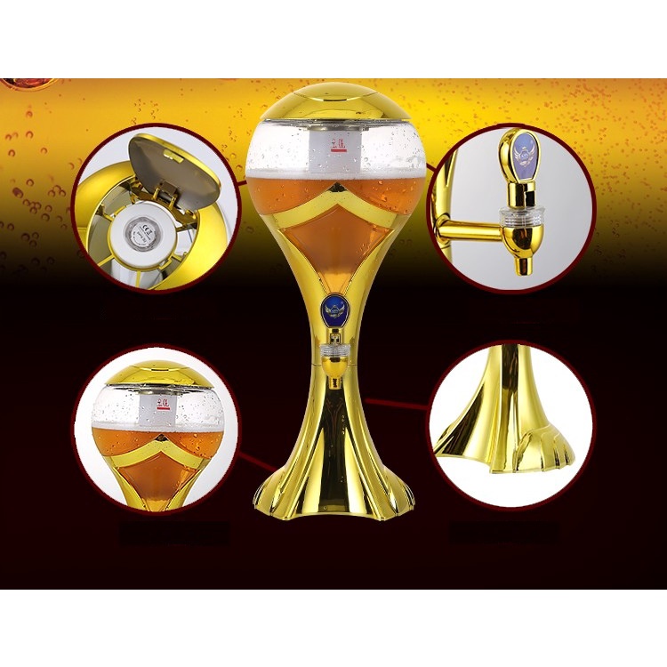 Tháp Bia Có Đèn Led 3 lít HC Hình Cúp Đựng Beer Trà sữa Nước ngọt Có Lõi đá giữ lạnh Vòi rót Decor nhà hàng, bar, cafe
