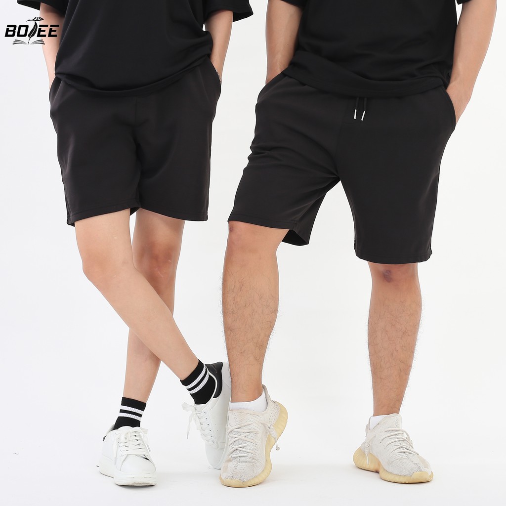 Quần short thun baisc BOTEE đen unisex nam nữ lưng thun ống rộng