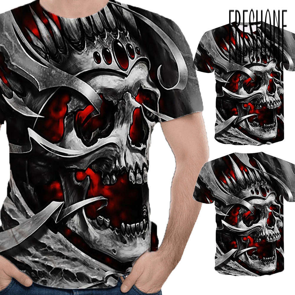 Fh Áo nam Tay Ngắn Cổ Tròn In Hình Đầu Lâu 3D Phong Cách Halloween